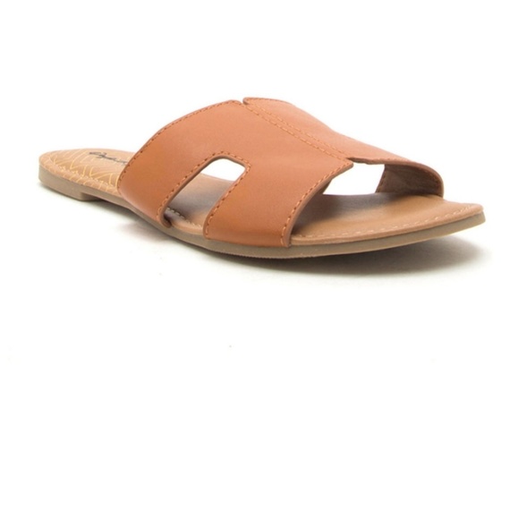 Cognac Slide Sandals Vegan Leather Trendy Summer - Picture 6 of 8